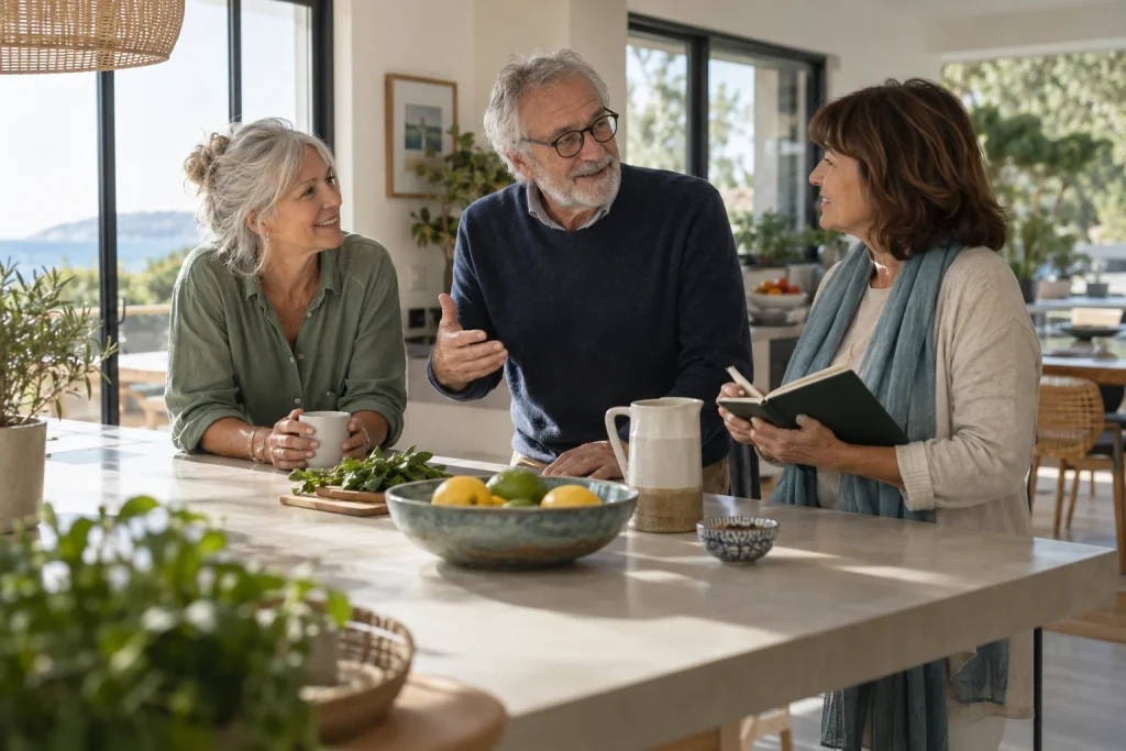 Trois seniors discutent de leur projet de colocation dans une cuisine lumineuse.