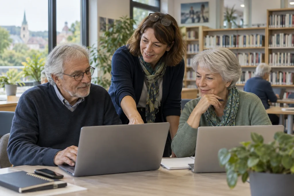 Un intervenant accompagne deux seniors pendant un atelier informatique en bibliothèque.