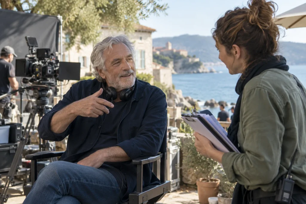 Un homme senior échange avec un assistant sur un plateau de tournage extérieur.