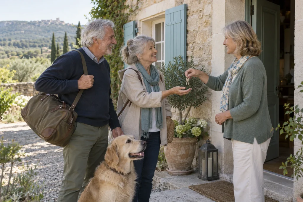 Un couple senior reçoit les clés d’une maison en présence du propriétaire et de son chien.