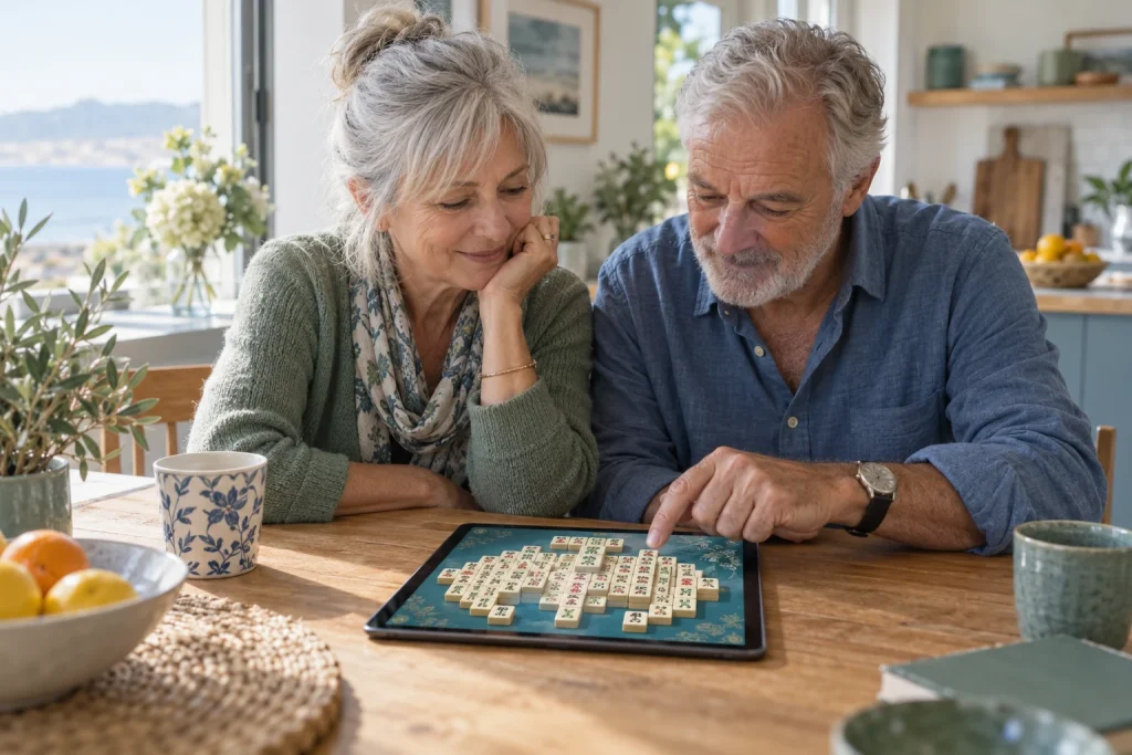 Deux adultes seniors découvrent un jeu de mahjong sur une tablette à la maison.