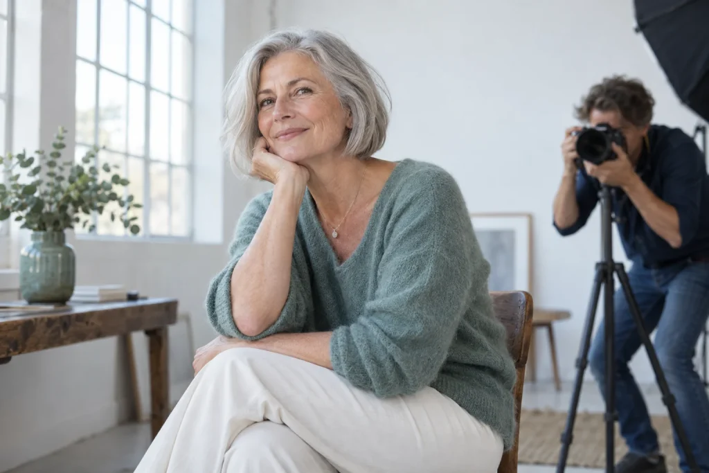 Une femme aux cheveux gris pose dans un studio photo avec un photographe.
