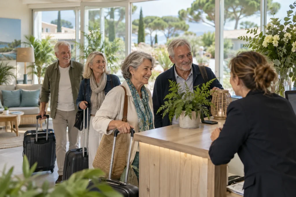 Un groupe de seniors arrive à l’accueil d’un village de vacances avec ses bagages.