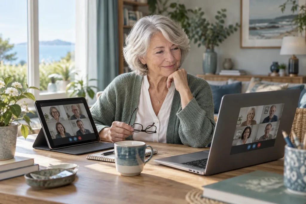 Une femme senior compare une tablette et un ordinateur portable sur son bureau.