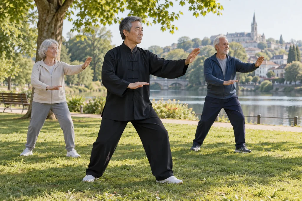 Deux seniors découvrent des mouvements de tai-chi avec un professeur dans un parc.