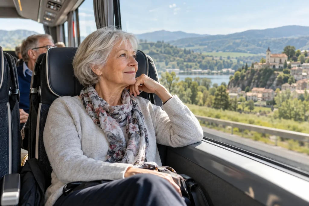 Une voyageuse senior regarde un paysage rural depuis son siège dans un autocar.