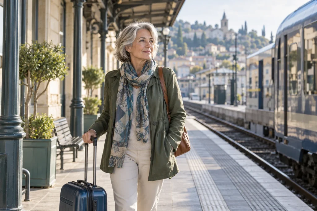 Une femme senior voyage seule avec sa valise sur un quai de gare.